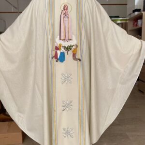 casula rigata bianca Madonna di Fatima 30%seta 70%lana ricamata