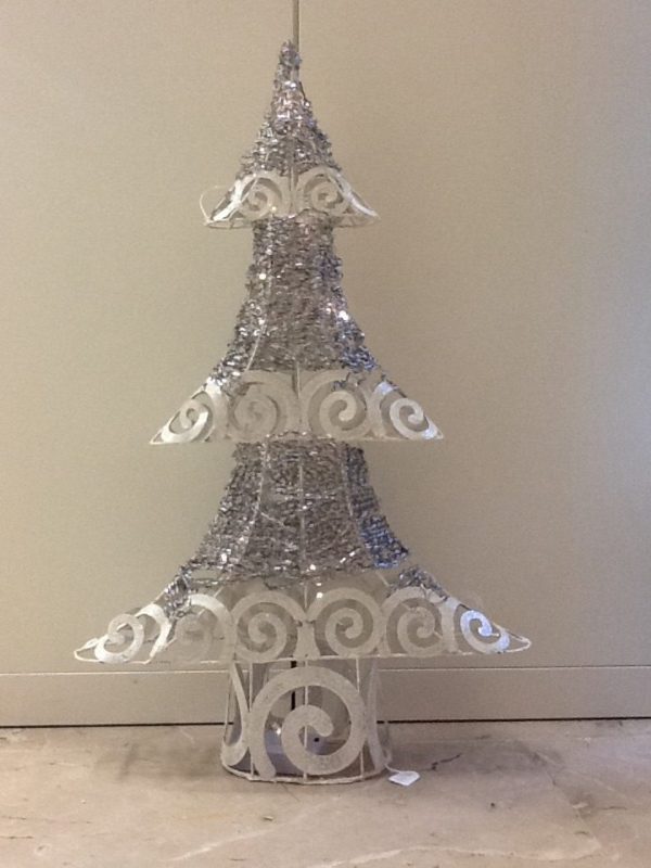 Albero di Natale in latta bianco e argentato con luci a batteria cm.70