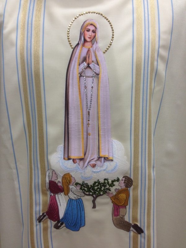 casula rigata bianca Madonna di Fatima 30%seta 70%lana ricamata