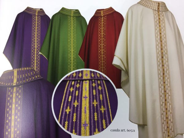 casule raso oro lana/lurex ricamo su fascione in colore rosso-verde-viola-bianco.