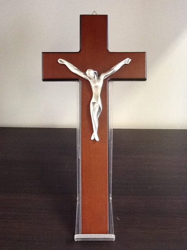 Croce in mogano con corpo Cristo bagnato in argento cm.11x23h.