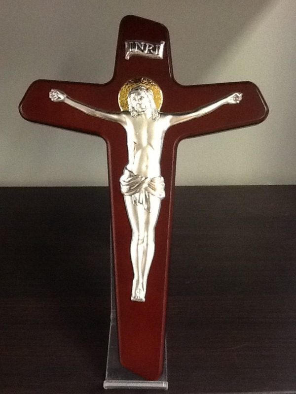 Croce in mogano con corpo Cristo in argento cm.15.5 x23h