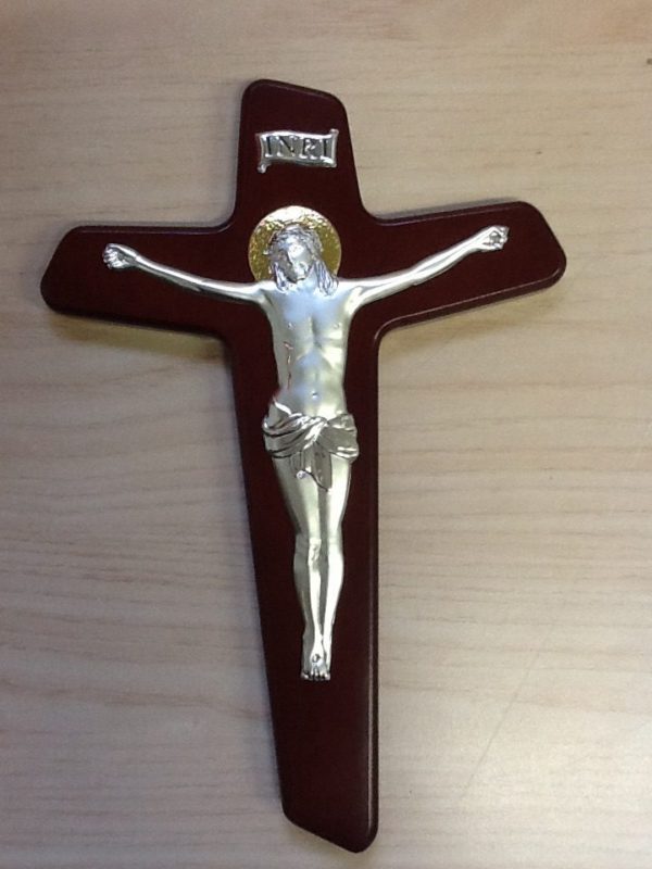 Croce in mogano con corpo Cristo in argento cm.15.5 x23h