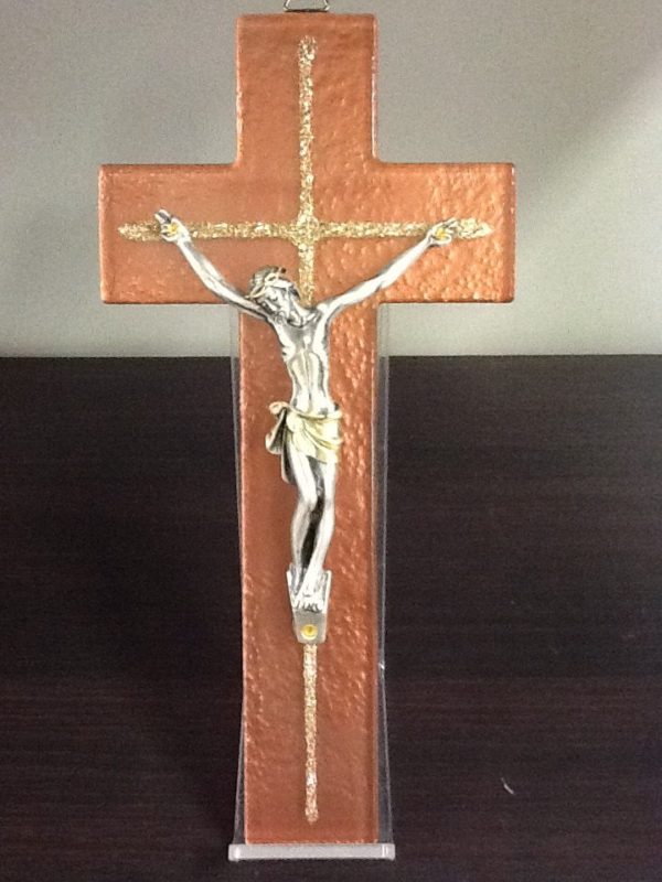 Croce in vetro colore rame con corpo Cristo in ferro cm.10x20