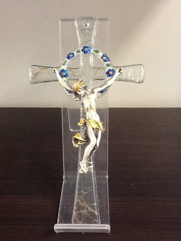 Croce in vetro decorato con corpo Cristo in ferro cm.9x16