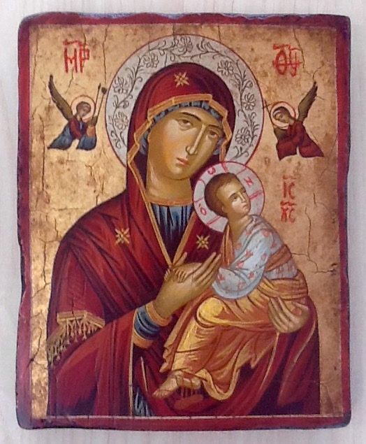 Icona " Beata Vergine del Perpetuo Soccorso" articolo numerato,realizzata a mano su tavola di legno ricoperta da lino e gesso,colori naturali e foglia oro,cm.18x22