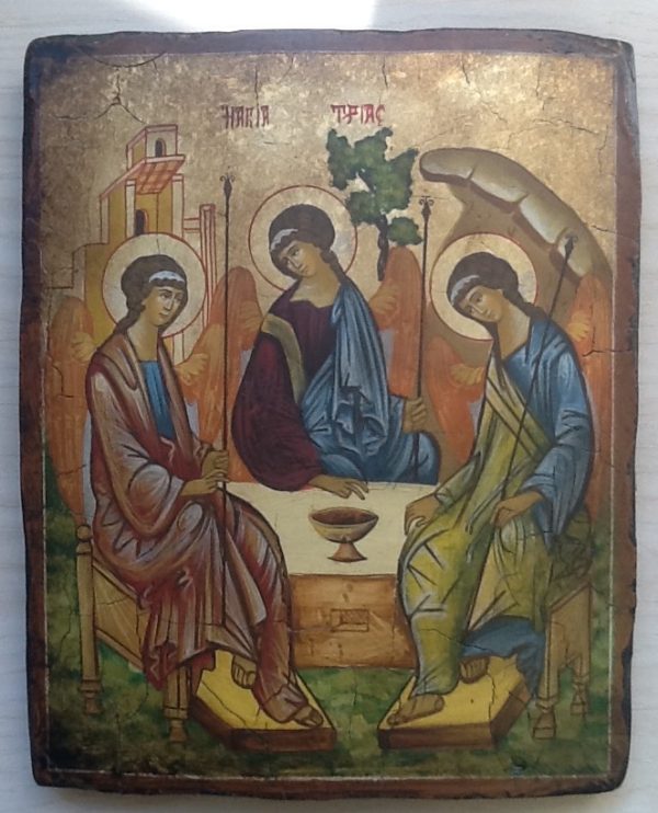 Icona "La Santa Trinità " articolo numerato realizzato a mano su tavola di legno ricoperto di lino e gesso,colori naturali e foglia d oro.cm.18x22