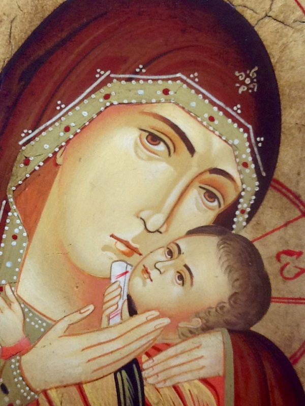 Icona " Madre di Dio della tenerezza di Korsun" articolo numerato realizzato a mano su tavola di legno ricoperta di lino e gesso,colori naturali e foglia oro.cm.18x22