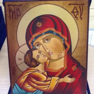 Icona rumena"Madonna Della Tenerezza Vladimirskaja"realizzata a Mano su legno pezzo unico numerato cm.18x22h