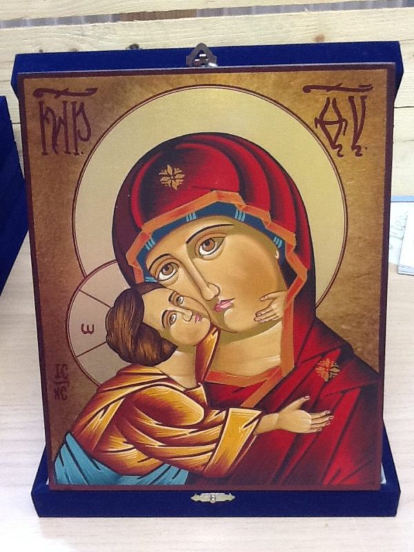 Icona rumena"Madonna Della Tenerezza Vladimirskaja"realizzata a Mano su legno pezzo unico numerato cm.18x22h