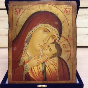 Icona rumena"Madre di Dio Della Tenerezza di Korsun" realizzata a Mano su legno pezzo numerato cm.18x22h
