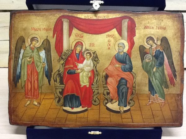 Icona rumena"Sacra Famiglia con Arcangeli Raffaele e Gabriele"realizzata a Mano su legno pezzo numerato cm.32x21.5h