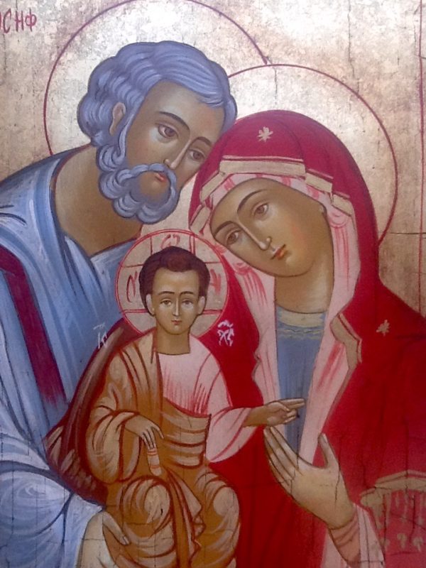 Icona "Sacra Famiglia" articolo numerato realizzato a mano su tavola di legno ricoperta di lino e gesso colori naturali e foglia d oro cm.18x22
