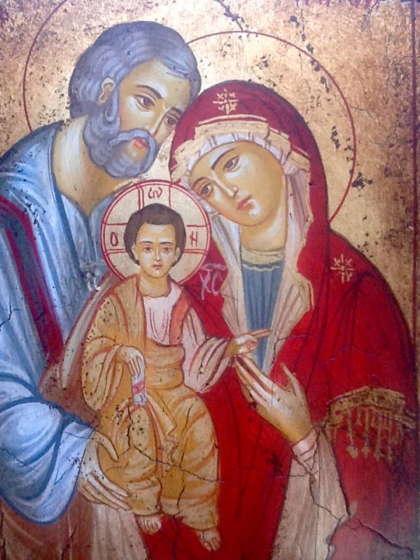 Icona "Sacra Famiglia " articolo numerato"realizzata a mano su tavola di legno ricoperta di lino e gesso con colori naturali e foglia oro cm.22x32