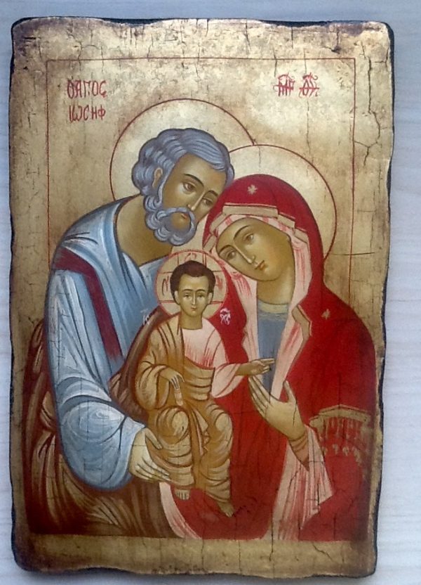Icona "Sacra Famiglia " articolo numerato"realizzata a mano su tavola di legno ricoperta di lino e gesso con colori naturali e foglia oro cm.22x32