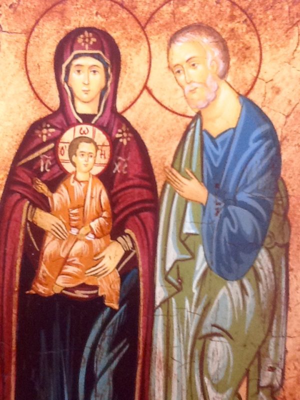 Icona "Sacra Famiglia in Piedi" articolo numerato realizzato a mano su tavola di legno ricoperta di lino e gesso,colori naturali e foglia oro,cm.18x22