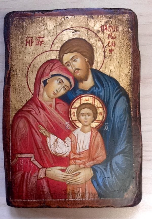 Icona "Sacra Famiglia"realizzata a mano su legno ricoperta di lino e gesso colori naturali e foglia d oro articolo numerato cm.10x14