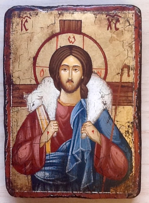 Icona"Gesù Buon Pastore"articolo numerato,realizzato su tavola di legno ricoperta da lino e gesso,colori naturali foglia oro,cm.10x14
