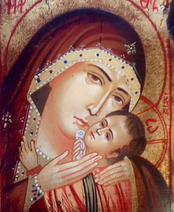 Icona"Madre di Dio della Tenerezza di Korsun" articolo numerato realizzato a mano su tavola di legno ricoperta da lino e gesso,colori naturali e foglia oro.cm.10x14