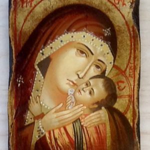 Icona"Madre di Dio della Tenerezza di Korsun" articolo numerato realizzato a mano su tavola di legno ricoperta da lino e gesso,colori naturali e foglia oro.cm.10x14