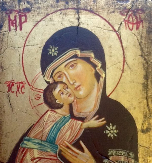 Icona"Nostra Signora di Vladimir" articolo numerato,realizzato a mano su tavola di legno ricoperta di lino e gesso,colori naturali e foglia oro.cm.10x14
