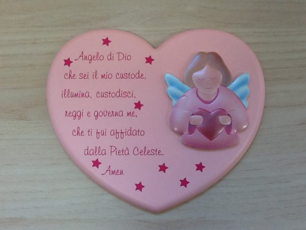 Quadro "Angelo di Dio" in resina rosa a forma di cuore con preghiera e Angelo applicato cm.20x16