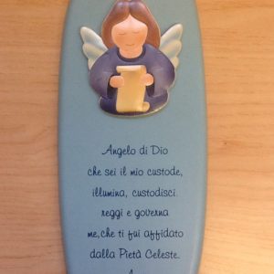 Quadro "Angelo di Dio"in resina Celeste con preghiera e Angelo applicato cm.12x26h.