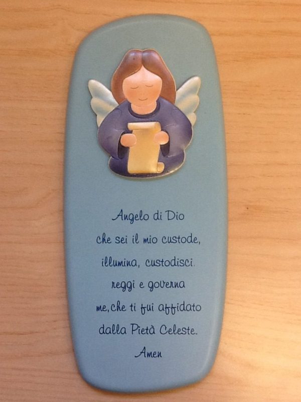Quadro "Angelo di Dio"in resina Celeste con preghiera e Angelo applicato cm.12x26h.