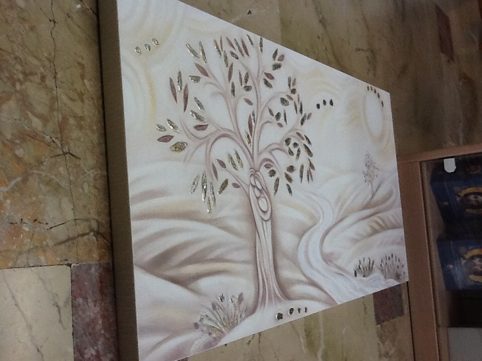 Quadro In Legno Albero Della Vita Con Decorazione In Oro E Argento Bordo In Perla Cm100x50 Colori Tenui Crema Arte Sacra Candotti