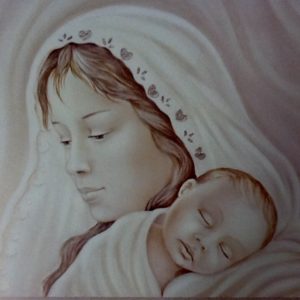 Quadro "Madonna con Bambino" realizzato su pannello in legno decorato con argento e bordo Bianco iridescence con scritta cm.100x50x3