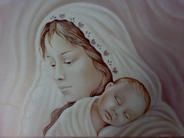 Quadro "Madonna con Bambino" realizzato su pannello in legno decorato con argento e bordo Bianco iridescence con scritta cm.100x50x3