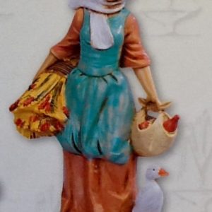 Statuina donna con grano e oca realizzato in resina colorata e rifinita a mano per presepe da cm 12,