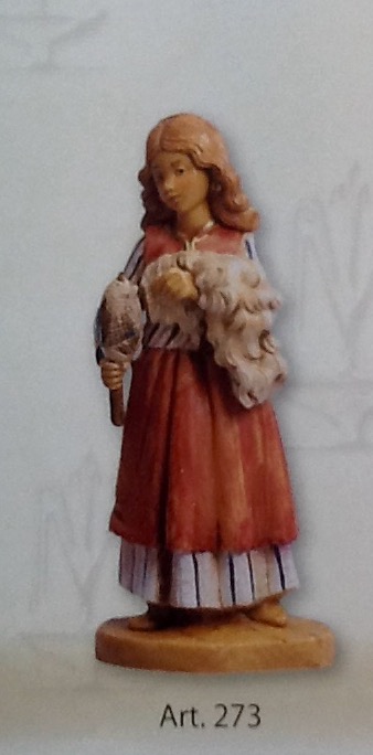 Statuina"bambina con lana" realizzato in resina colorata e rifinita a mano per presepe da cm 12