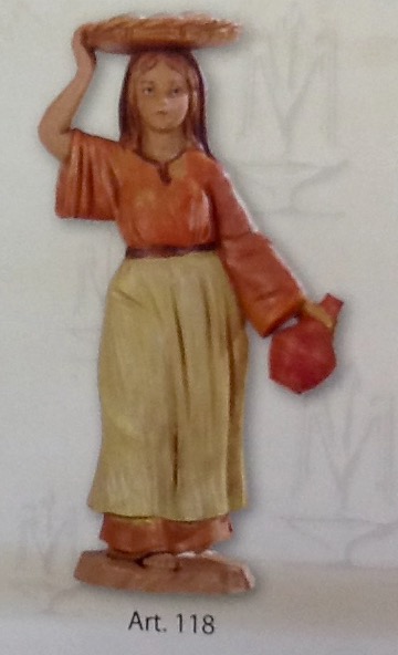 Statuina"donna con cesto e brocca,realizzato in resina colorata e rifinita a mano per presepe da cm .12