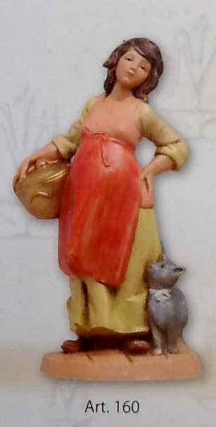 Statuina"donna in attesa con gatto" realizzato in resina colorata e rifinita a mano per presepe da cm 12