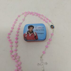 Rosario Carlo Acutis  grano 5 mm color rosa in resina con scatolina metallica