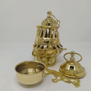 Turibolo di ottone dorato completo di vaschetta interna, h 16cm