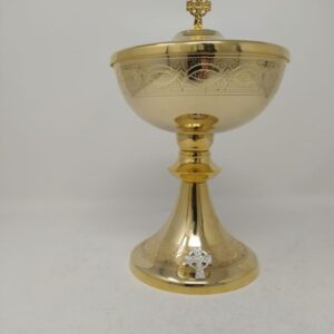 Pisside ottone dorato, lavorata, h 23 coppa 15 cm