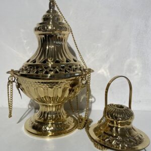 Turibolo di metallo dorato completo di vaschetta interna, H 30cm