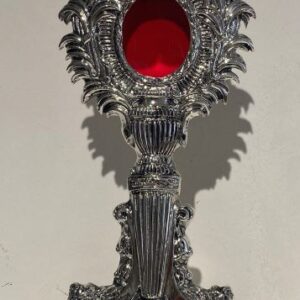 Reliquiario argentato in ottone fuso h 45cm teca diametro 8,5cm