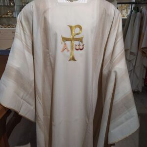 casula 50%lana 25%seta 25%viscosa stoffa rigata leggerissima ricamo croce di Aquileia