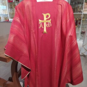 casula 50%lana 25%seta 25%viscosa stoffa rigata leggerissima ricamo croce di Aquileia